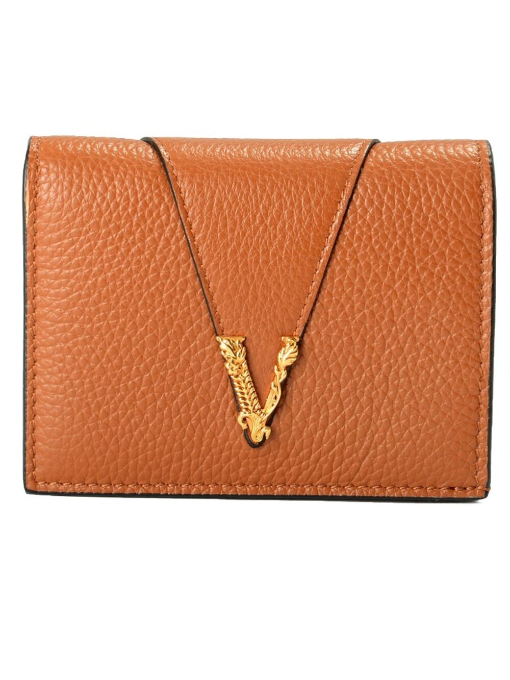 Versace Women's Chestnut Brown 100% Textured Leather Gold V-Logo Compact Wallet